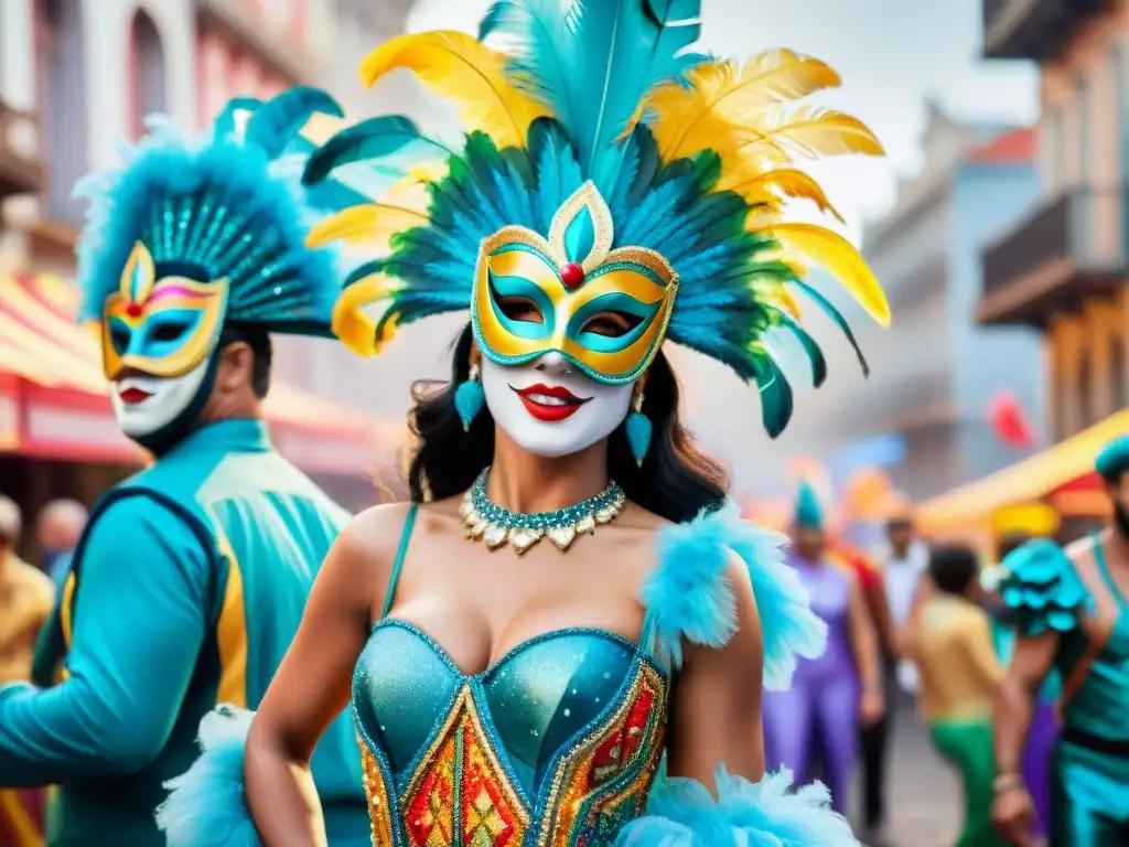 Un desfile colorido de artistas enmascarados bailando en las calles de Montevideo, Uruguay, capturando los Secretos del Carnaval Uruguayo