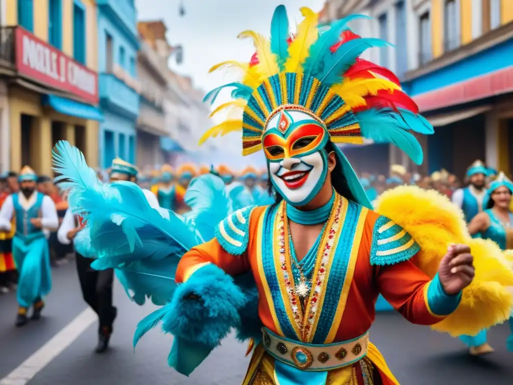 Desfile colorido de bailarines de carnaval uruguayo en Montevideo, historia del Carnaval Uruguayo libros