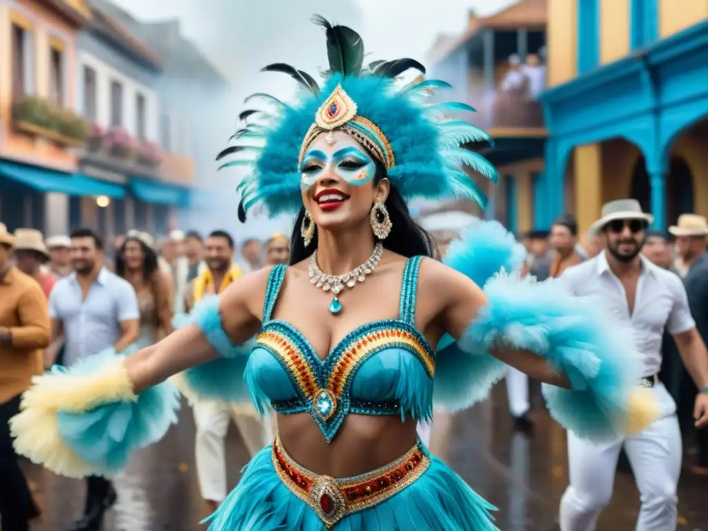 Desfile colorido de bailarines de carnaval en Uruguay, con arquitectura tradicional y confeti cayendo