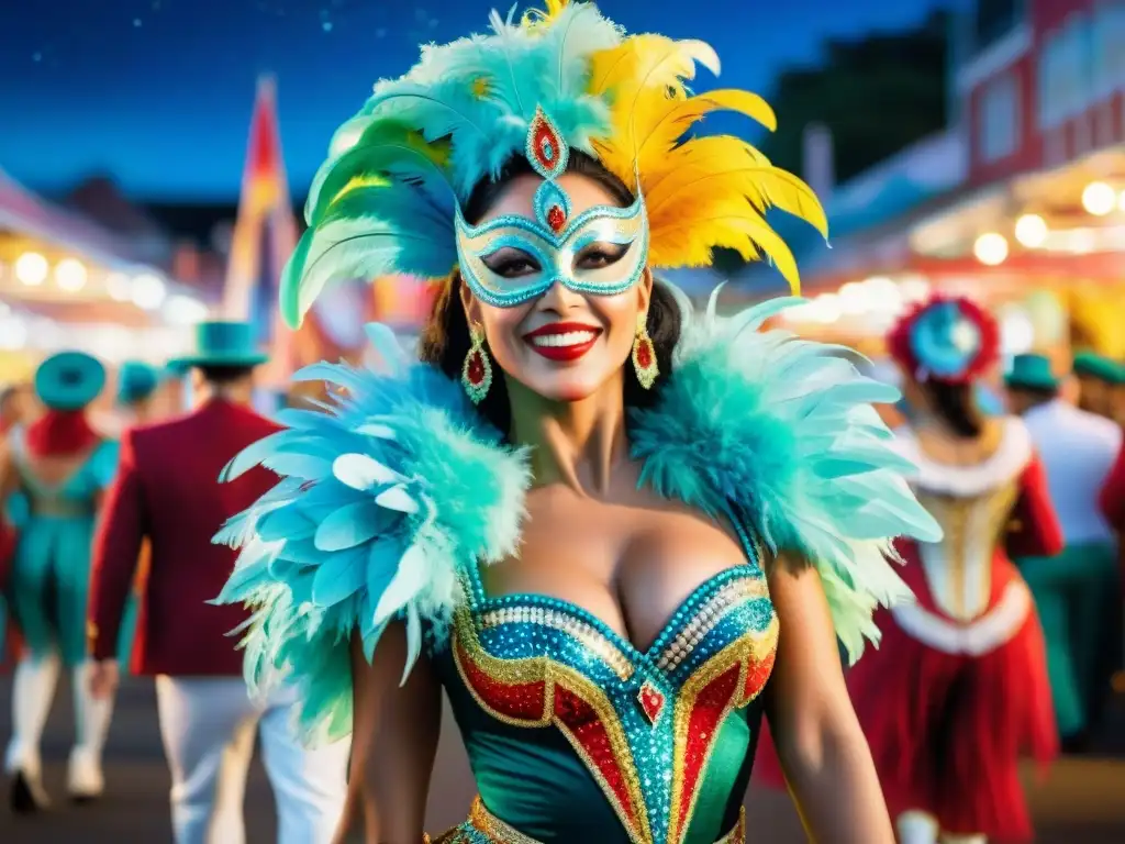 Un desfile colorido de bailarines en trajes extravagantes bajo un cielo estrellado en el Carnaval Uruguayo