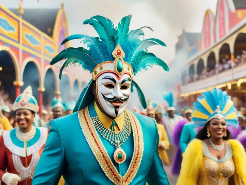 Un desfile colorido de Carnaval en acuarela, con trajes elaborados y máscaras detalladas