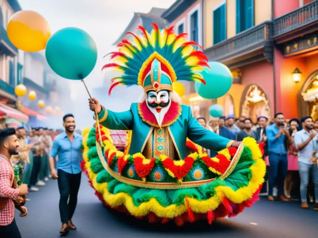 Desfile colorido en Carnaval: carroza adornada con flores y plumas, público entusiasta y música alegre