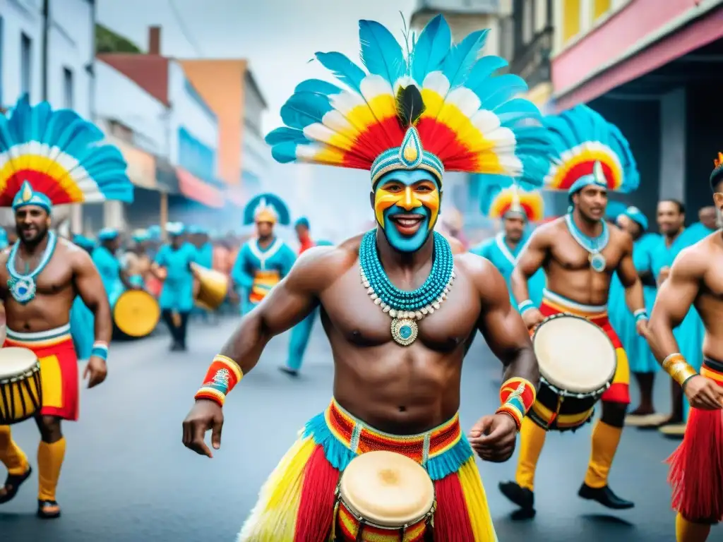 Desfile colorido de Carnaval en Uruguay, legado africano en fiestas vibrantes