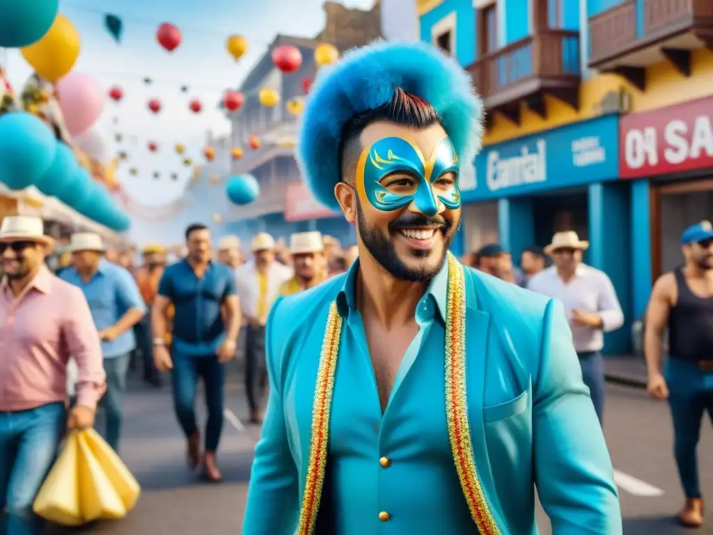 Desfile colorido durante el Carnaval en Uruguay, con música alegre y trajes tradicionales