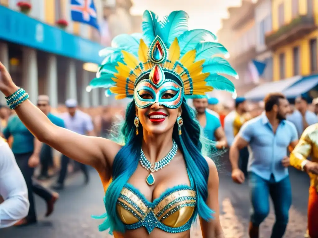 Desfile colorido de Carnaval en Uruguay con bailarines y espectadores animados