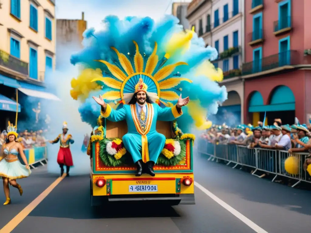 Un desfile colorido de carnaval en Montevideo con bailarines energéticos y espectadores animados