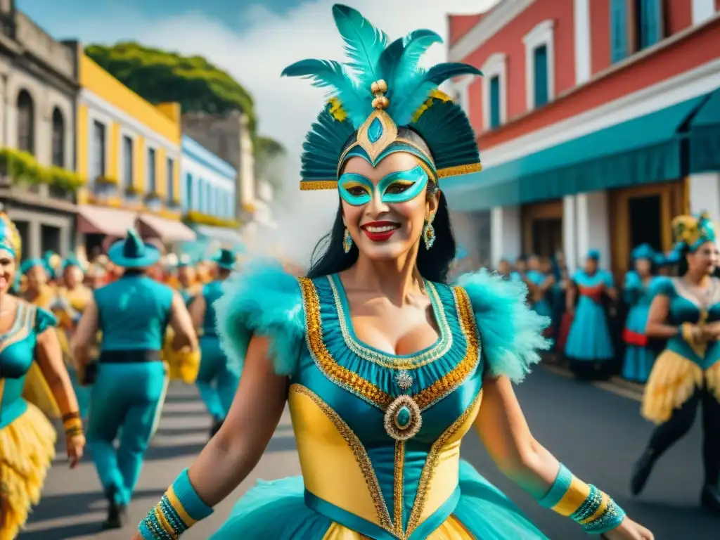 Desfile colorido de Carnaval en Uruguay con bailarines y carrozas, capturando la energía festiva