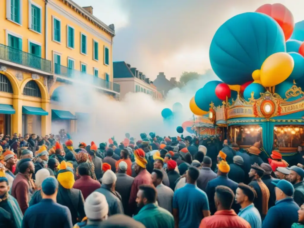 Desfile colorido de Carnaval con carros alegóricos y público disfrutando: Publicidad exterior en el Carnaval