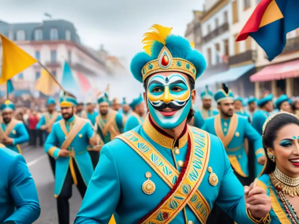 Desfile colorido de Carnaval en Uruguay con carrozas detalladas y artistas bailando, en una celebración festiva