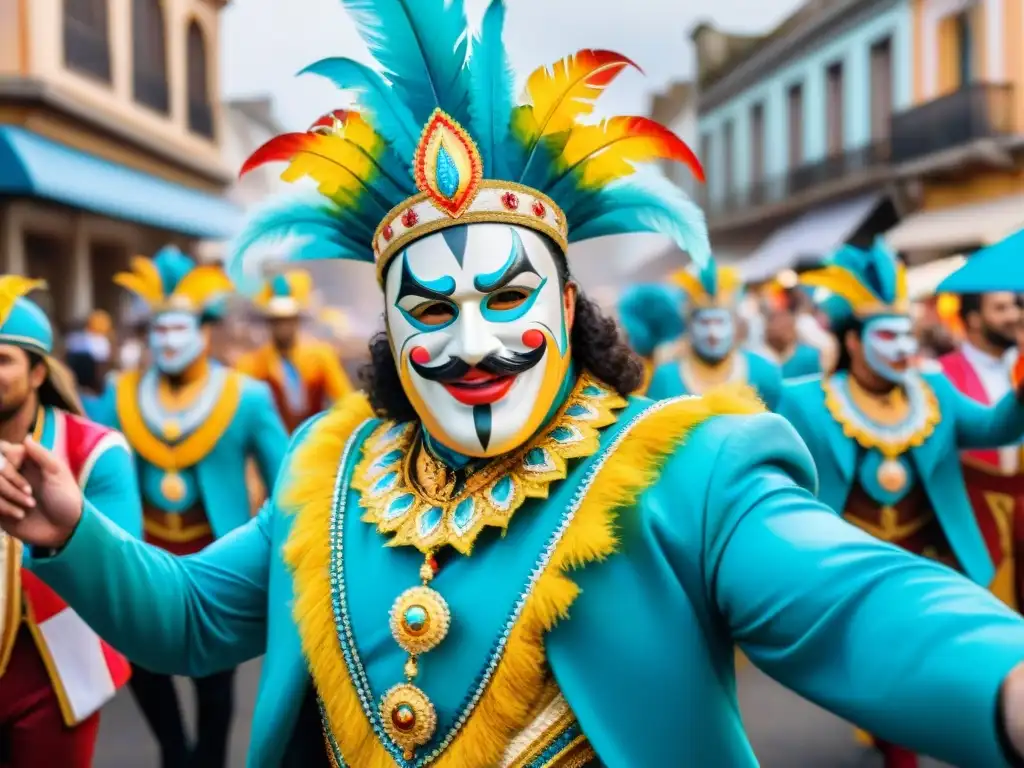 Desfile colorido de carnaval en Uruguay con carrozas decoradas y bailarines en trajes elaborados, espectadores animados