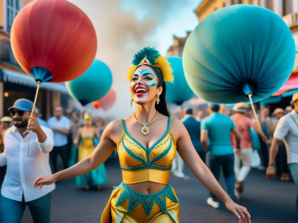 Desfile colorido en el Carnaval de Uruguay con carrozas y bailarines en trajes brillantes