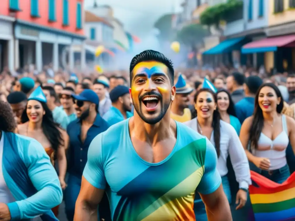 Desfile colorido de Carnaval en Uruguay, con la comunidad LGBTQ+ en trajes vibrantes y maquillaje alegre, celebrando con orgullo y diversidad