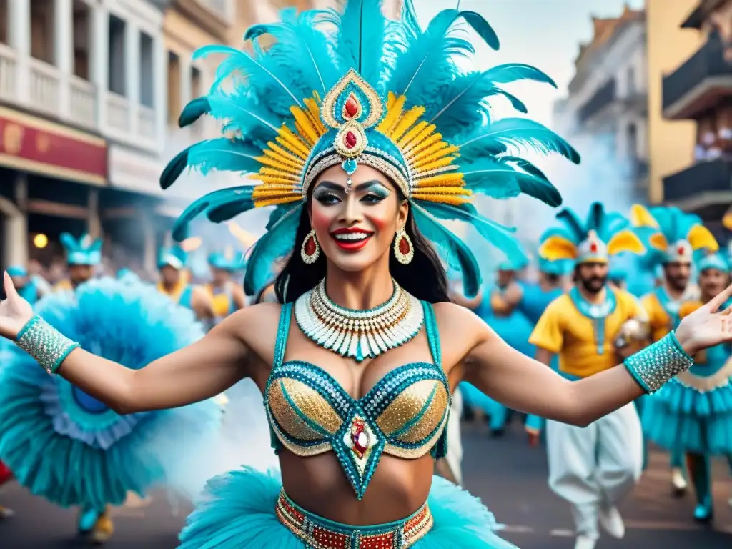 Desfile colorido de Carnaval en Montevideo, con danzarines, carrozas y espectadores