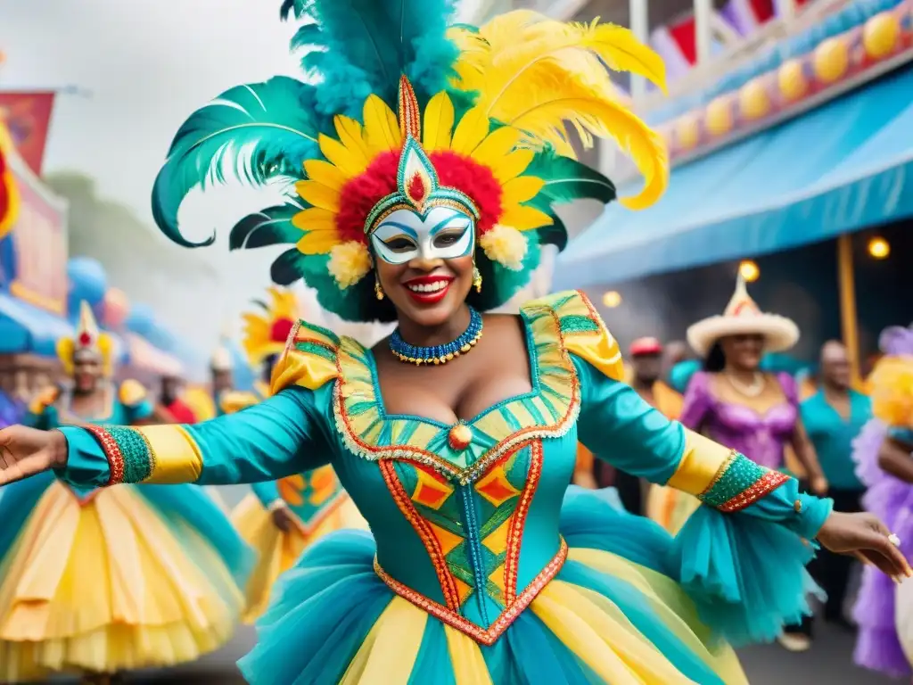 Desfile colorido de carnaval con diseños detallados en trajes y carrozas, espectadores alegres y vibrante energía festiva