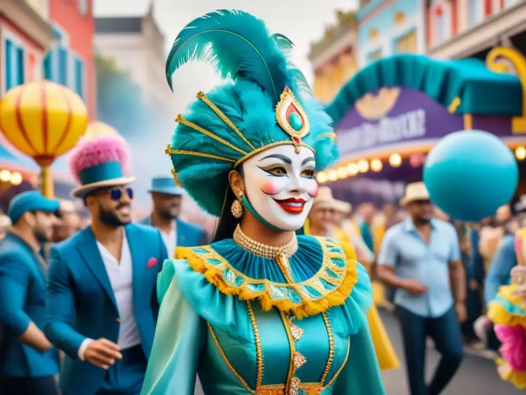 Desfile colorido de carnaval con diseños detallados y vibrantes, espectadores animados