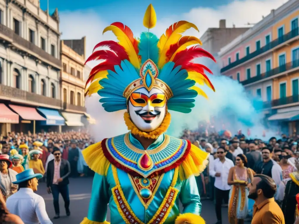 Desfile colorido de Carnaval en Montevideo, con música alegre y disfraces extravagantes