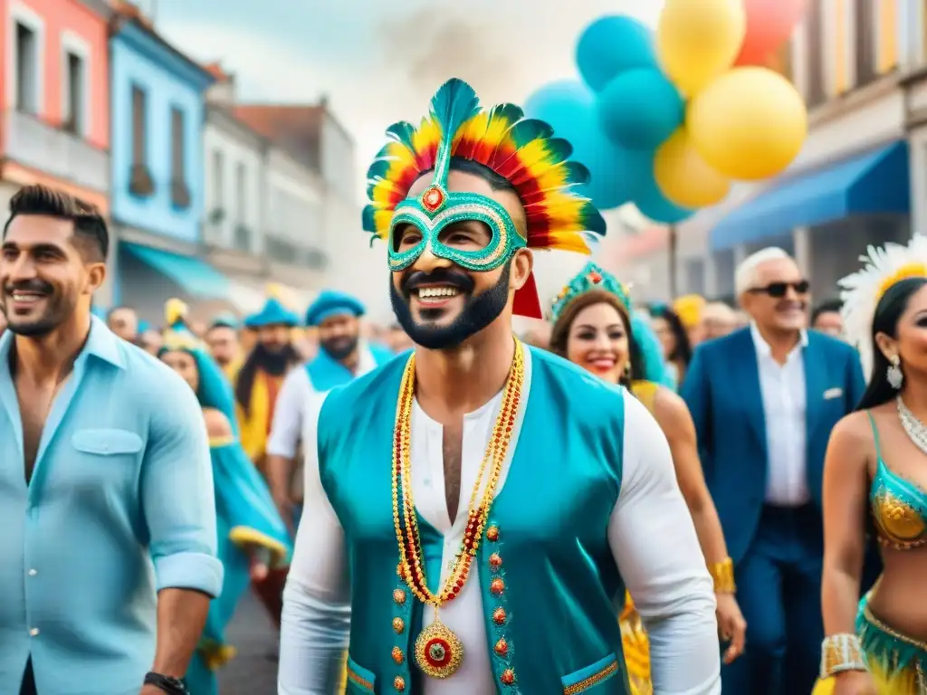 Desfile colorido de Carnaval en Uruguay con diversidad de edades y etnias, reflejando tendencias consumo Carnaval Uruguayo marcas