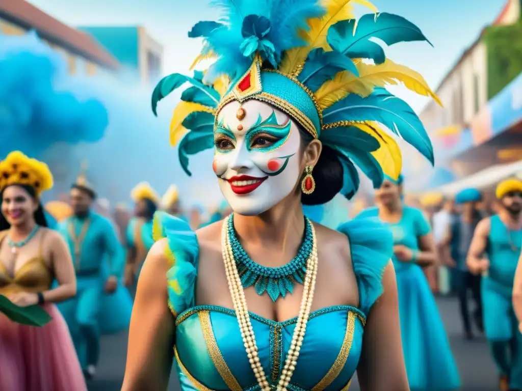 Desfile colorido de carnaval ecofriendly en Uruguay con trajes sostenibles y decoraciones recicladas