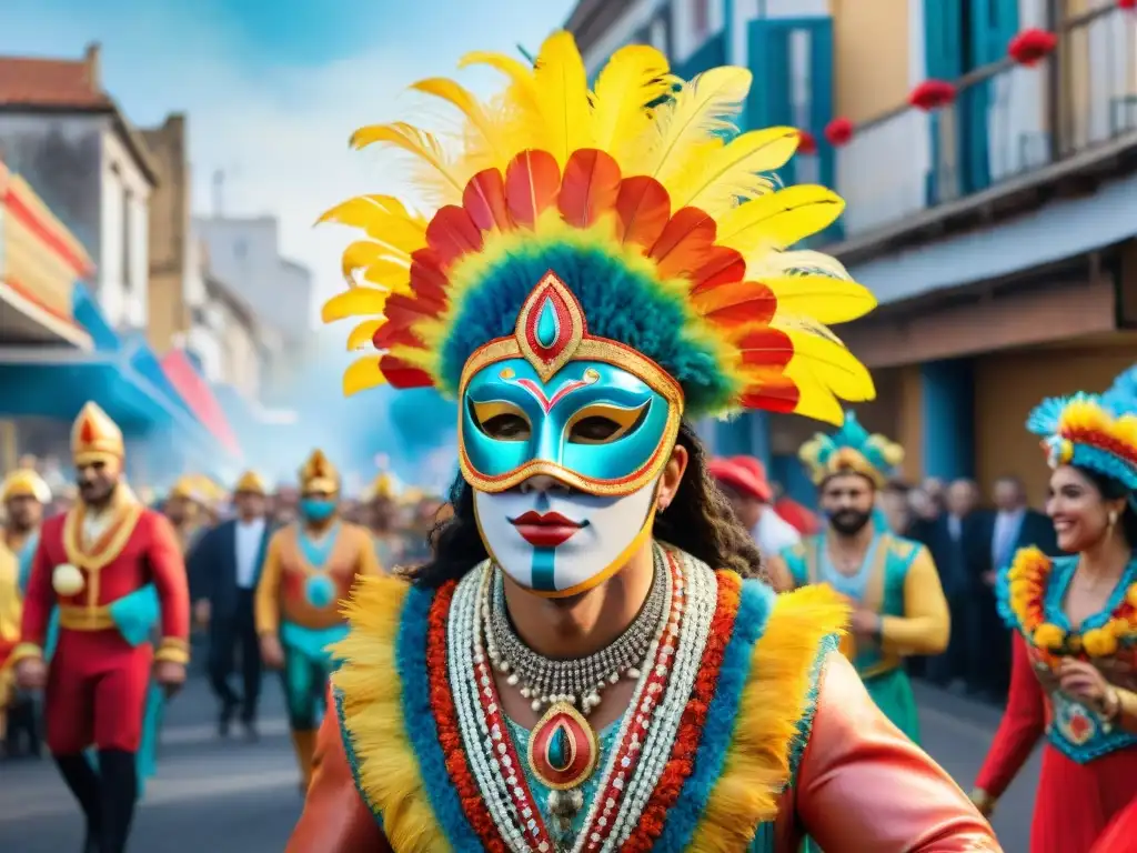 Desfile colorido del Carnaval en Uruguay, con floats, bailarines y espectadores, reflejando la riqueza cultural del Carnaval Uruguayo