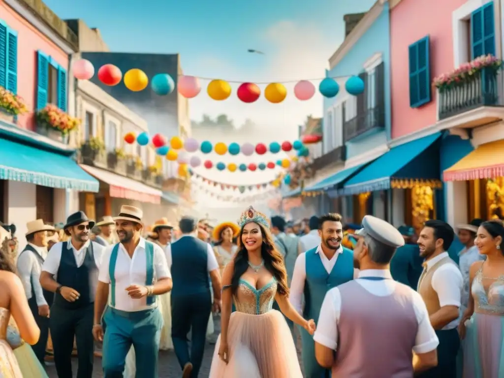 Desfile colorido en el Carnaval de Uruguay con floats y músicos, vibrante y festivo