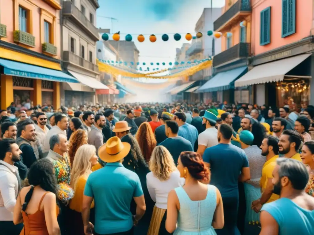 Un desfile colorido durante el Carnaval en Montevideo, Uruguay, reflejando el impacto social del Carnaval Uruguayo