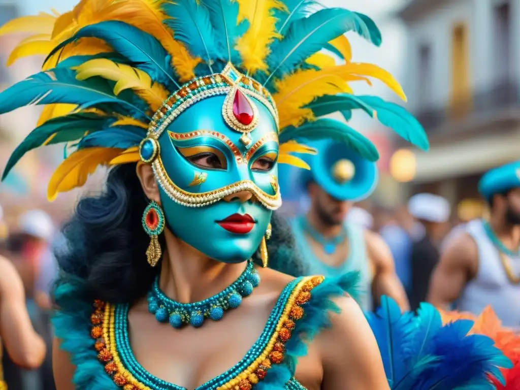 Desfile colorido en Carnaval en Uruguay resaltando la importancia de complementos en Carnaval