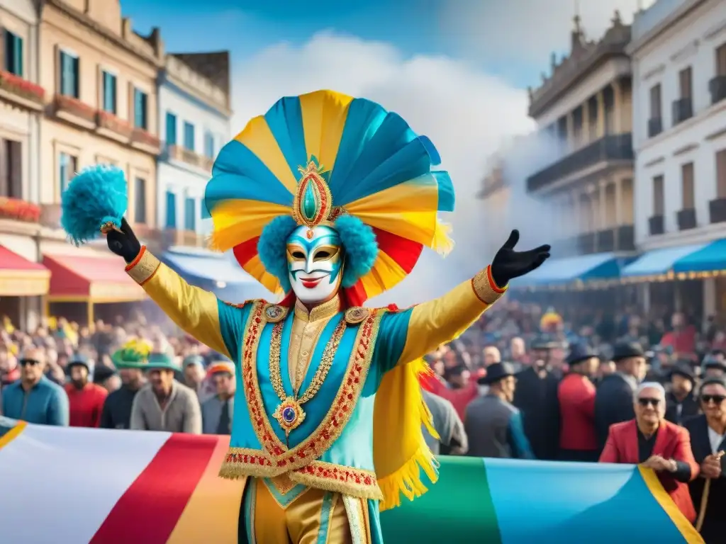 Desfile colorido en el Carnaval de Uruguay con influencia europea de Italia y España, máscaras, danzas y banderas vibrantes