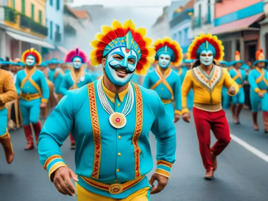 Desfile colorido en el Carnaval de Uruguay, con máscaras y trajes elaborados, bailarines alegres y música tradicional