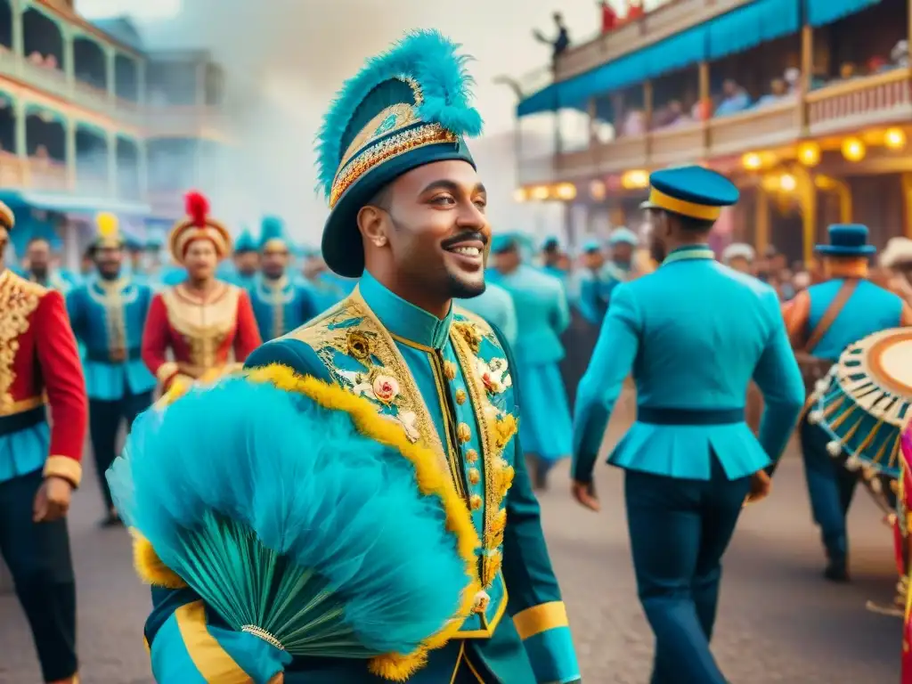 Desfile colorido durante un carnaval, con músicos y bailarines en trajes llamativos