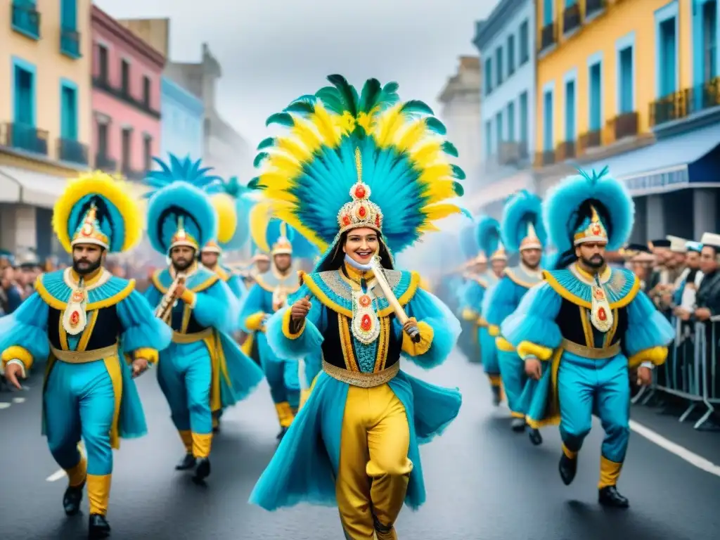 Desfile colorido de Carnaval en Uruguay, con músicos, bailarines y espectadores