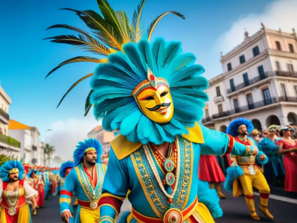 Desfile colorido de Carnaval en Uruguay con participantes diversos y energía festiva frente a arquitectura colonial