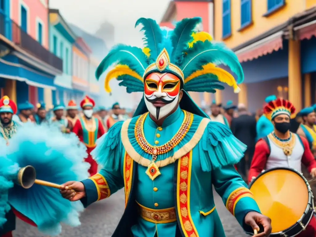 Desfile colorido de Carnaval con participantes en trajes y máscaras, celebrando la diversidad