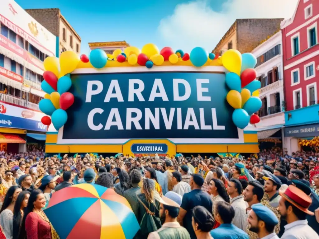 Desfile colorido en el Carnaval con publicidad exterior y ambiente festivo