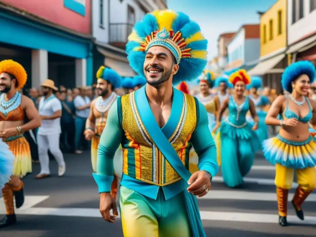 Desfile colorido de Carnaval en Uruguay con trajes sostenibles hechos de materiales reciclados