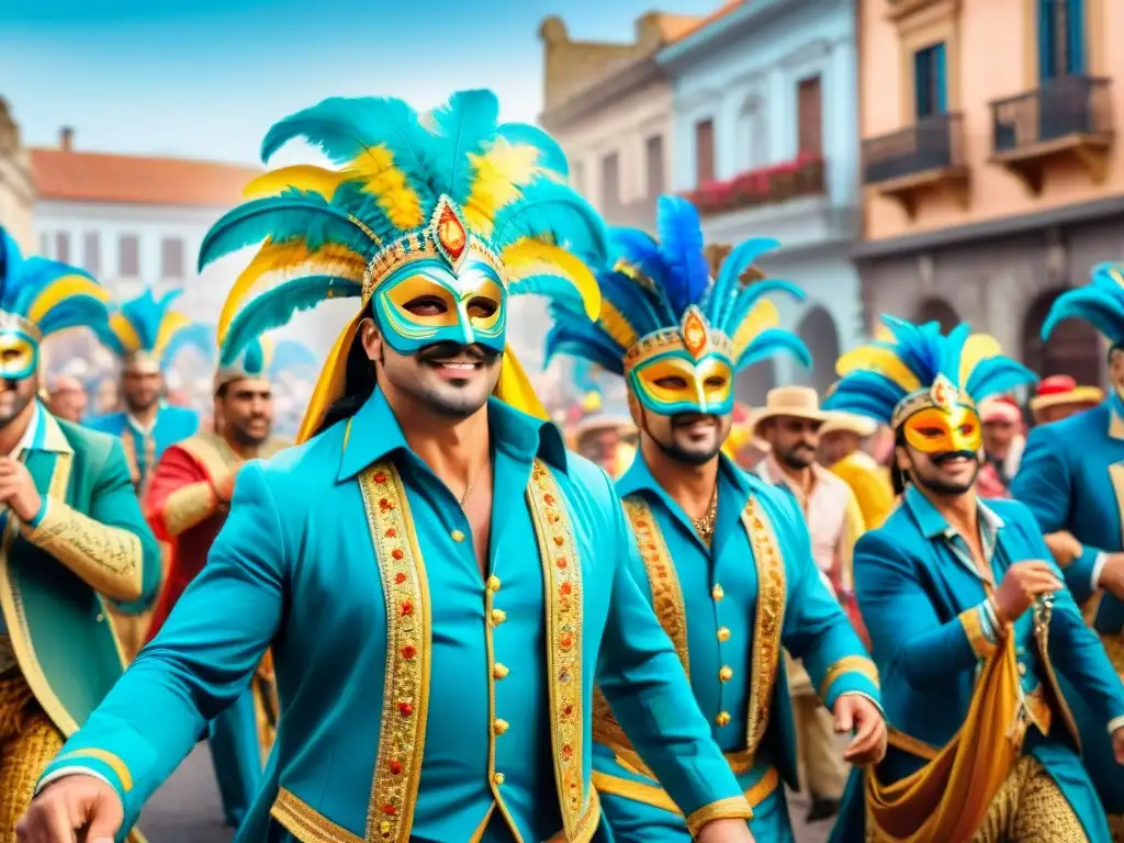 Desfile colorido de Carnaval en Uruguay, con trajes vibrantes y música tradicional, preservando herencia cultural Carnaval Uruguayo