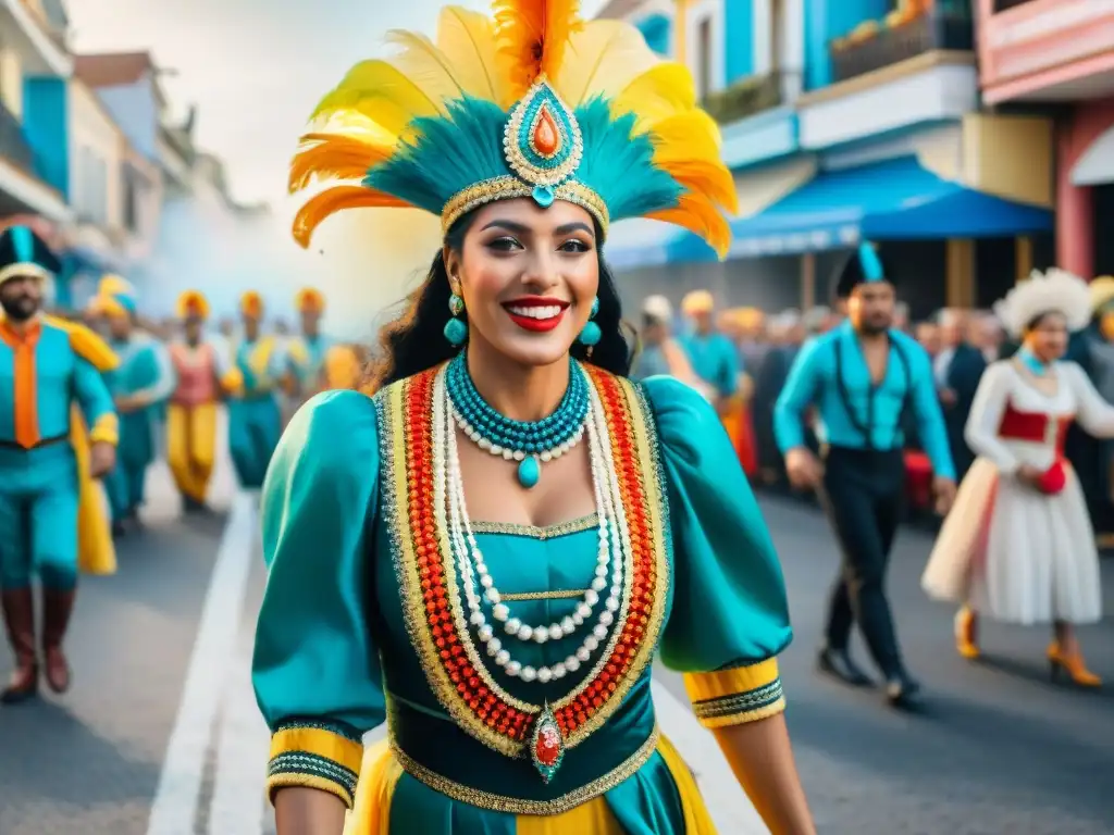 Desfile colorido del Carnaval en Uruguay, con trajes tradicionales y energéticos bailarines