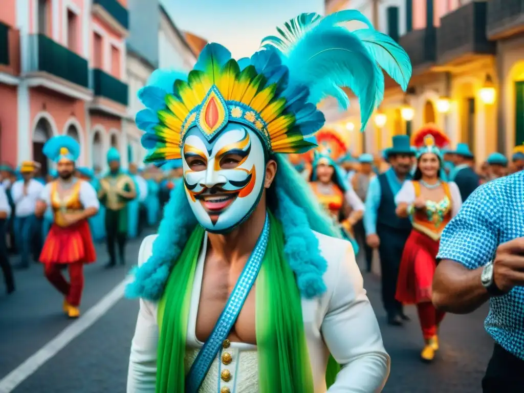 Desfile colorido de Carnaval en Uruguay, con trajes vibrantes y danzas tradicionales