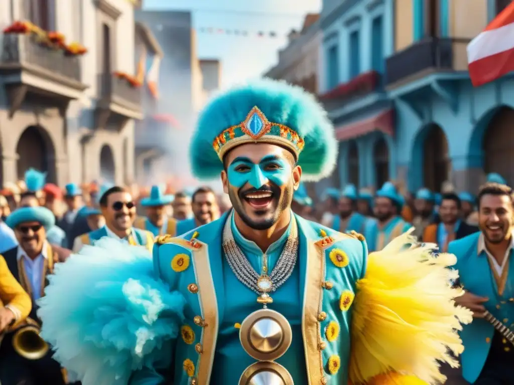 Desfile colorido de Carnaval en Uruguay con trajes vibrantes, bailarines energéticos y banda sonora Carnaval Uruguayo