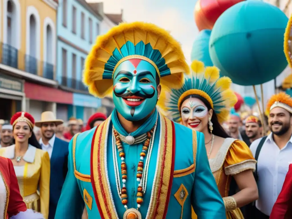 Un desfile colorido en el Carnaval Uruguayo con carrozas recicladas y espectadores entusiastas