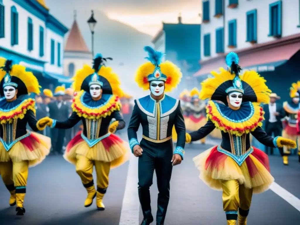 Desfile colorido en el Carnaval Uruguayo: músicos, bailarines y espectadores en las calles