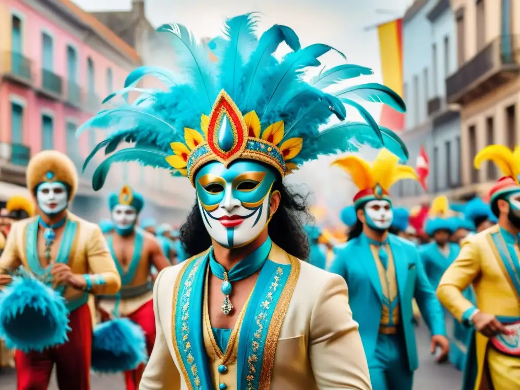 Desfile colorido del Carnaval Uruguayo con trajes vibrantes y música tradicional