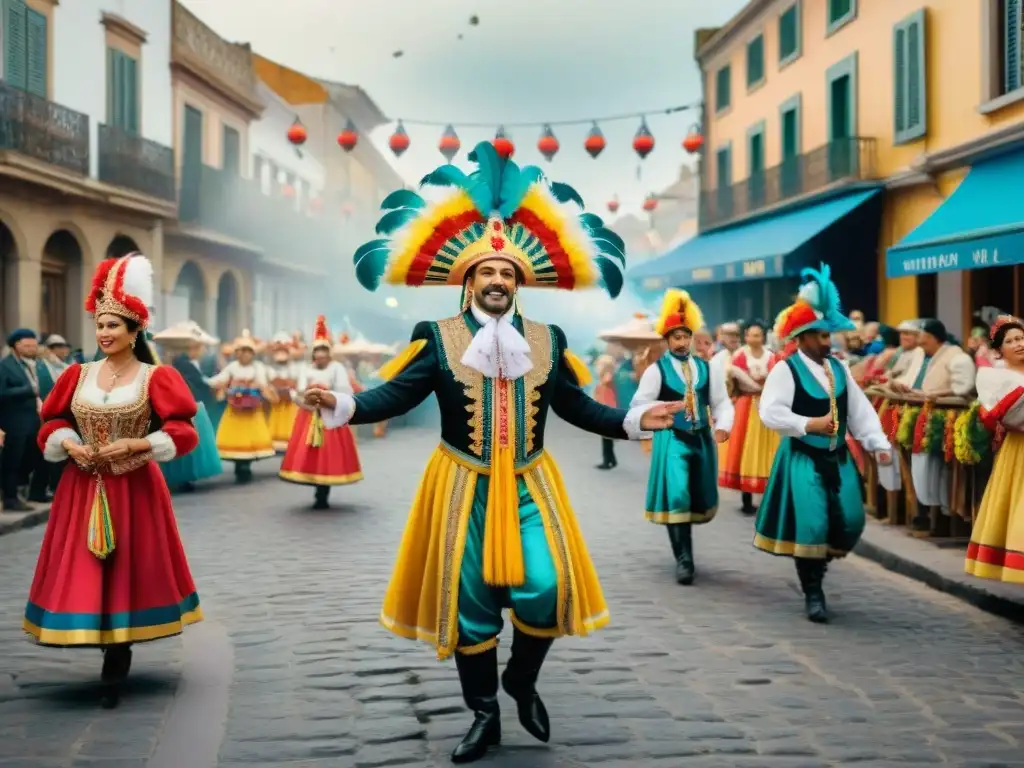 Desfile colorido de Carnaval Uruguayo: danzas, música y arquitectura colonial