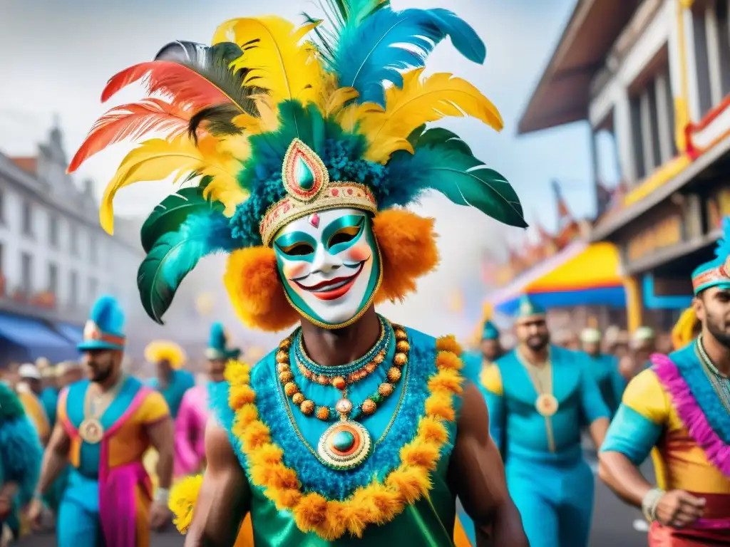 Un desfile colorido en el Carnaval Uruguayo con influencias internacionales: bailarines de samba, tambores caribeños y máscaras venecianas