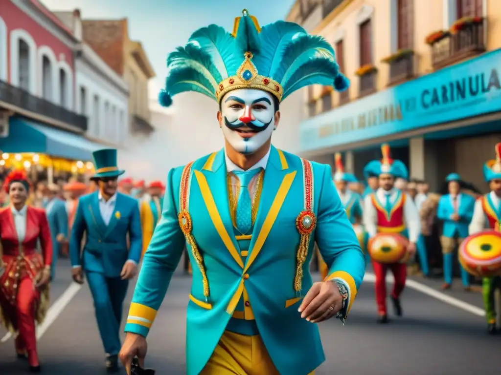 Desfile colorido del Carnaval Uruguayo con evolución parodias teatro, floats detallados y multitud animada