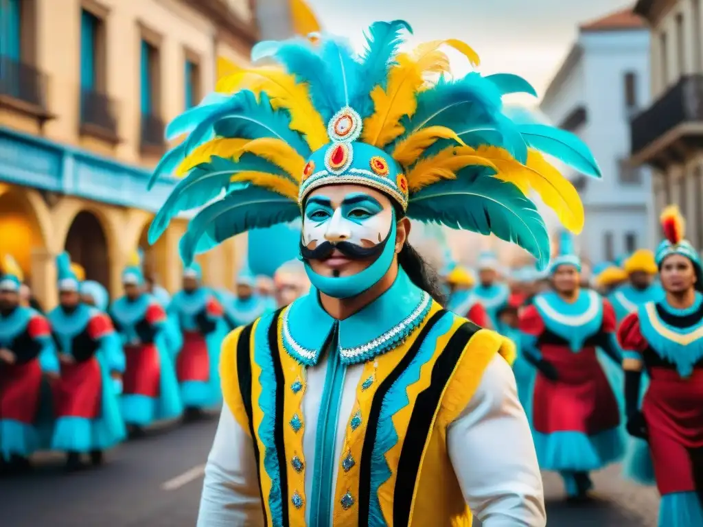 Desfile colorido del Carnaval Uruguayo con una mezcla de elementos tradicionales y modernos, reflejando la transformación en digital