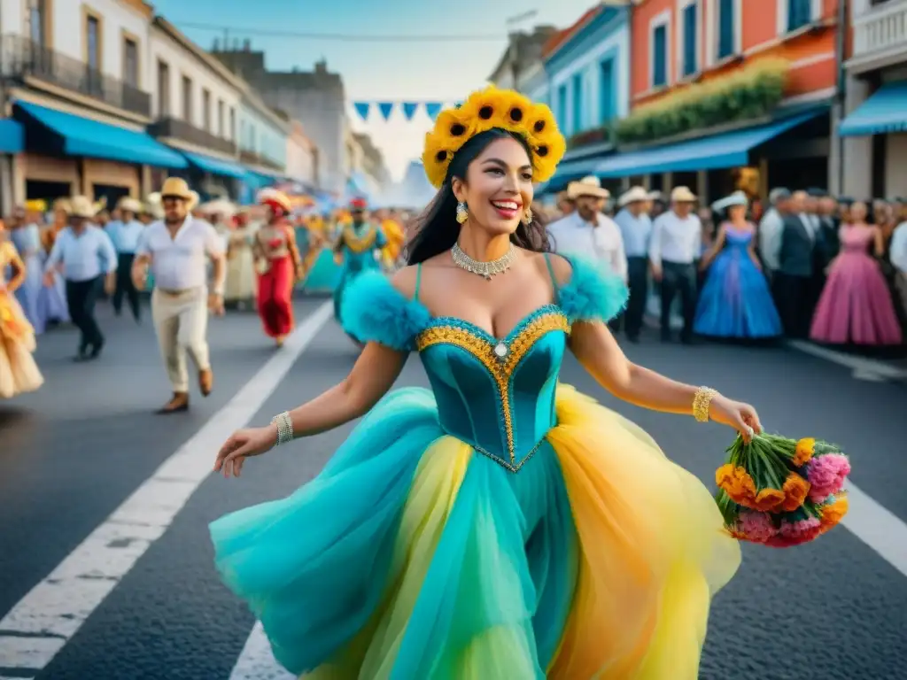 Desfile colorido del Carnaval Uruguayo, atractivo turístico global con carrozas, bailarines y espectadores felices