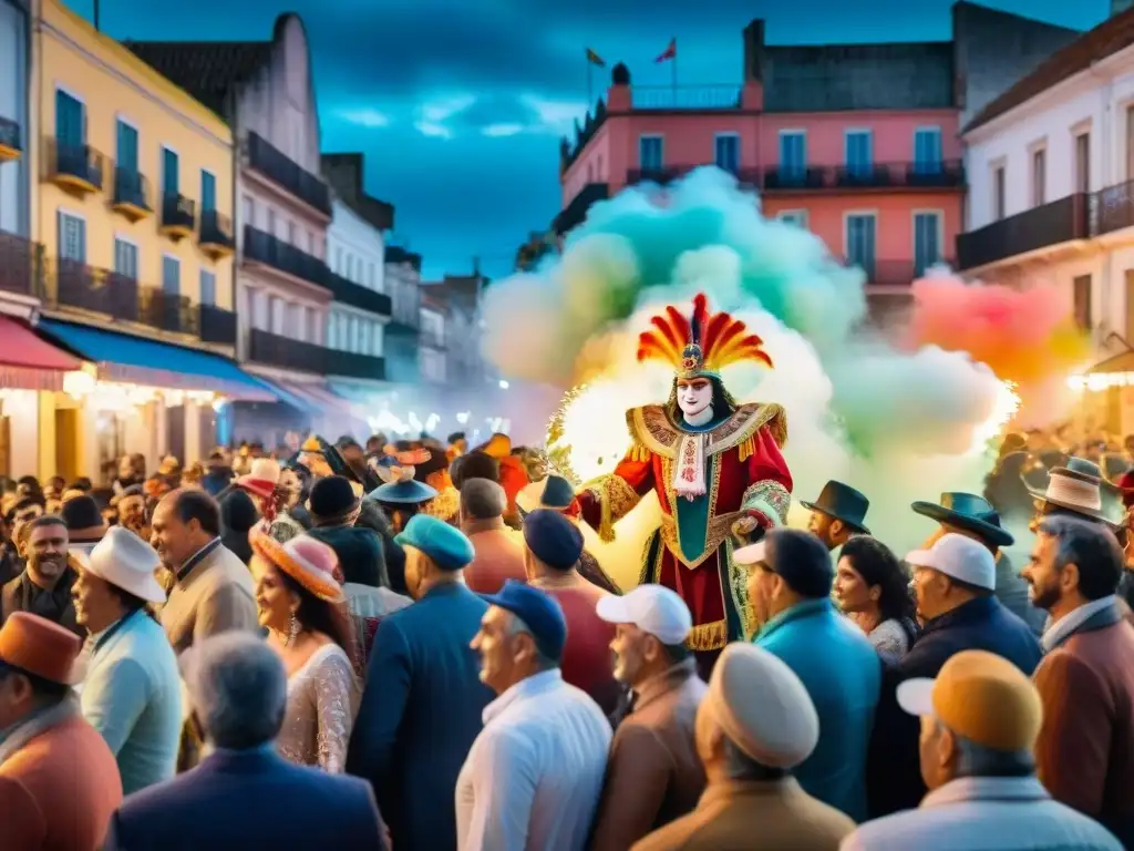 Desfile colorido del Carnaval Uruguayo: carros alegóricos, danzarines y fuegos artificiales iluminan la noche