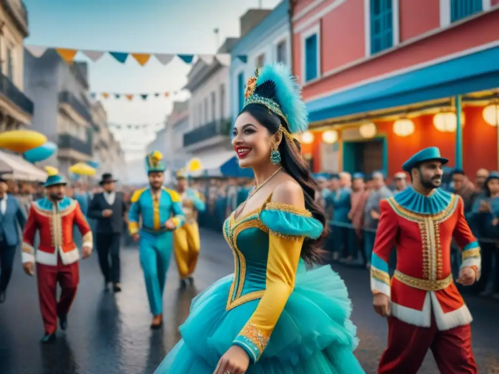 Desfile colorido del Carnaval Uruguayo con danzantes, músicos y espectadores animados