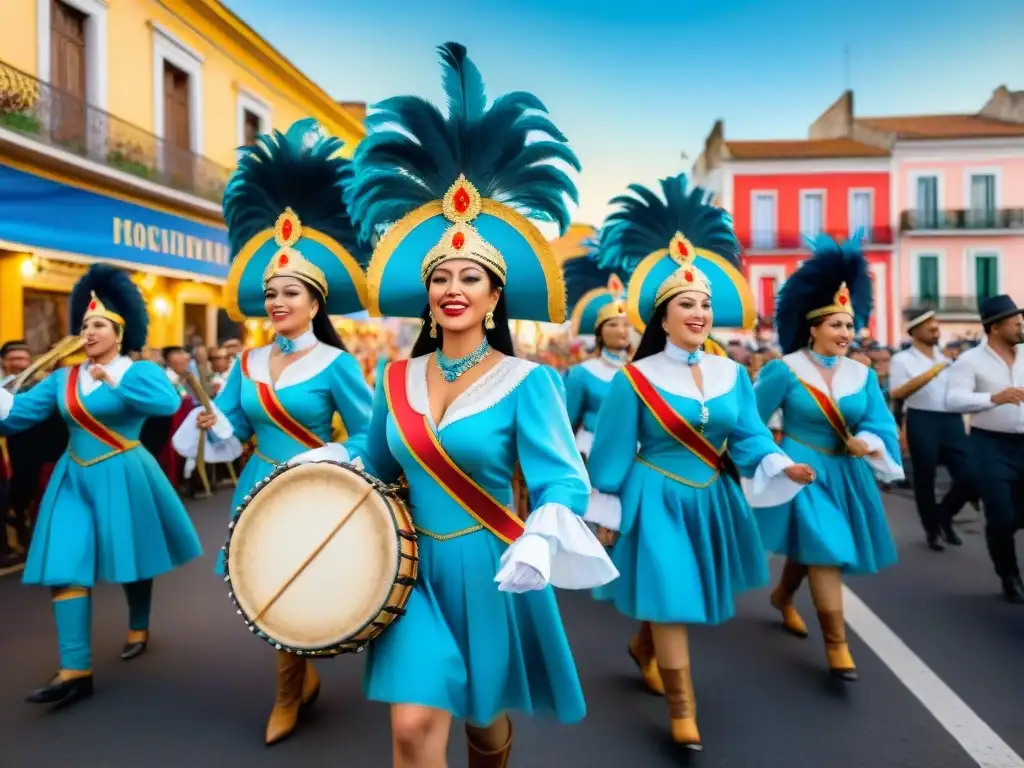 Desfile colorido del Carnaval Uruguayo con músicos, bailarines y edificios coloniales, en una pintura acuarela