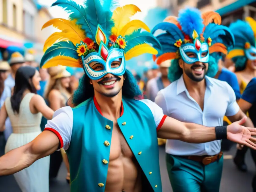 Desfile colorido en Carnaval Uruguayo, evolución cultural llena de máscaras y baile